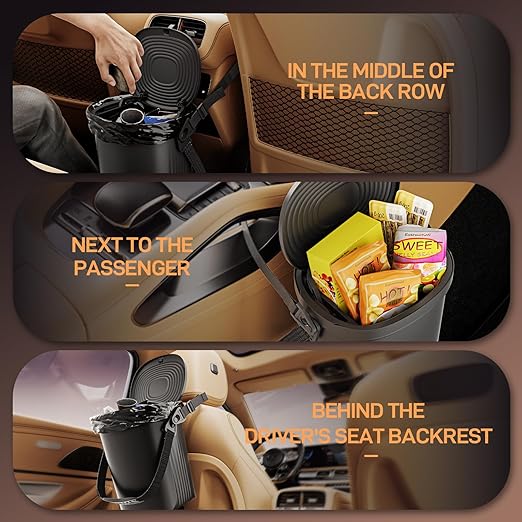 Trash Can for Car Garbage: Leakproof Silicone Car Waste Bin w/Lid for Drivers and Passengers; 2 Gallon Garbage Container for Vehicle, Sedan, SUV, Van, MPV & Truck (Black)