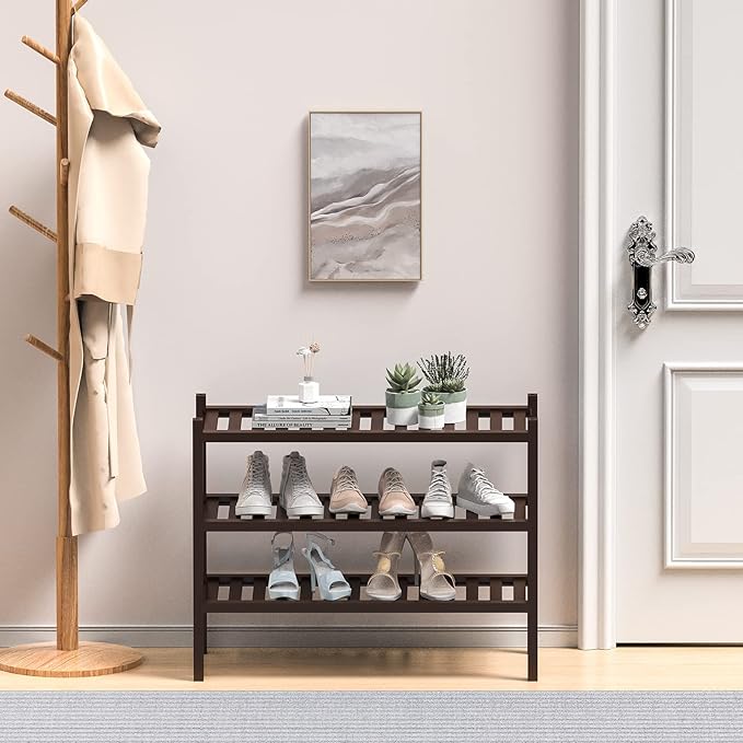 ROMGUAR CRAFT 3 Tier (Thick) Bamboo Shoe Rack for Closet Free Standing Wood Shoe Shelf for Entryway Small Space Stackable 27"