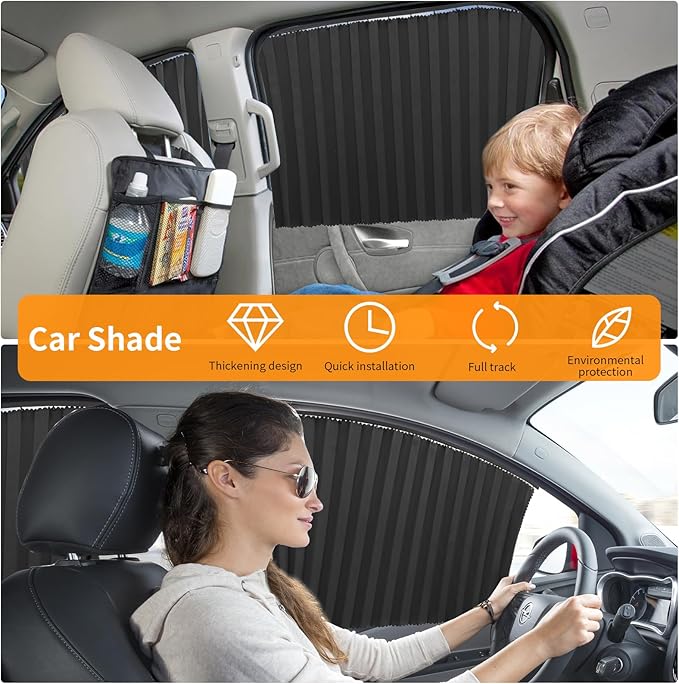 4 Pcs Car Side Window Sun Shades - Magnetic Track Blinds Curtains, Summer Sunshade Accessories, Protecting Infant Sleep Privacy (Black)