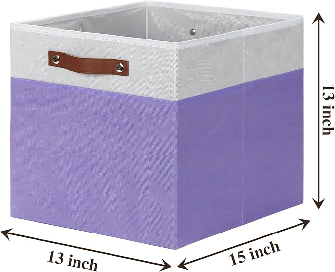 Temary Foldable Cube Baskets 4Pack - Clothes Shelf Storage with Handles, Fabric Storage Organizer Bins (White&Purple, 13x15x1