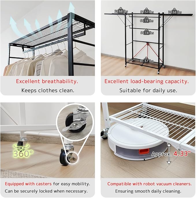 lumizone Folding Clothing Rack with Wheels Expandable Wardrobe Portable Clothes Rack for Hanging Clothes Adjustable Closet Sh