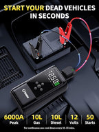6000A Jump Starter with Air Compressor Battery Jumper Starter Portable 10-in-1 Car Jump Starter Portable 12V Jump Box with