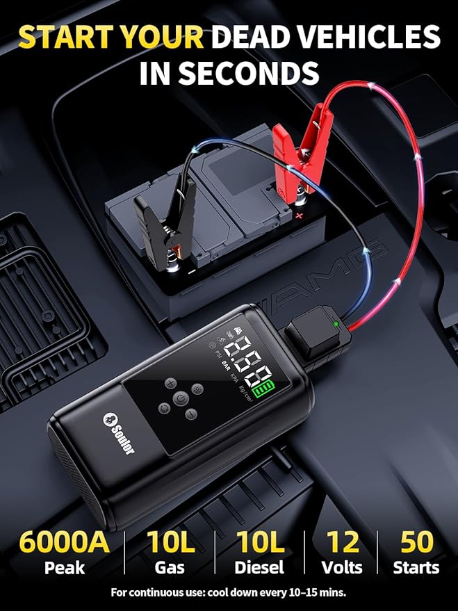 6000A Jump Starter with Air Compressor Battery Jumper Starter Portable 10-in-1 Car Jump Starter Portable 12V Jump Box with