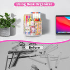 Wawocs Acrylic Pencil Organizer for Desk 4 Compartments with Adhesive DIY Sticker, Rotating Art Supply Organizer with Kawaii 