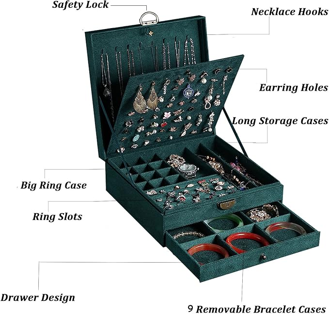 Women Jewelry Box Lockable 3 Layers Large Jewelry Organizer Storage Case for Earrings Necklaces Rings Bracelets,Green Display