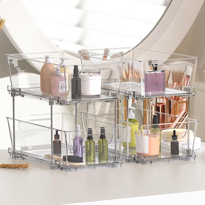 Simple Houseware 2 Tier Basket Drawer Cabinet Pull-Out Organizer, 2 Pack, Clear