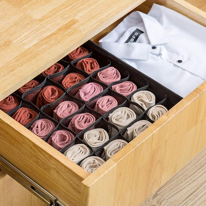 Qozary 2 Pack Socks Underwear Drawer Organizer Divider, 24 Cell or 16 Cell Collapsible Cabinet Closet Organizer Storage Boxes