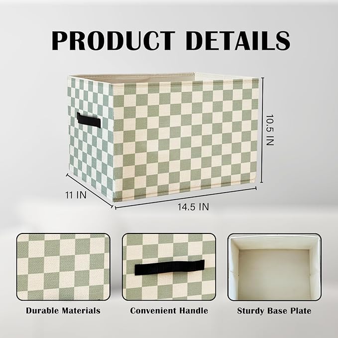 Sage Green Checkered Storage Basket Organizer Bins With Handles,Rectangular Organizing Decorative Storage Basket for Kids,Cut