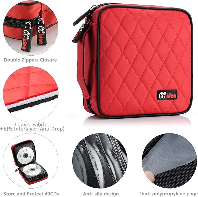 CCidea 40 Capacity CD/DVD Case Holder Portable Disc Wallet Storage Binder Nylon Cd Bag (Red) Specials