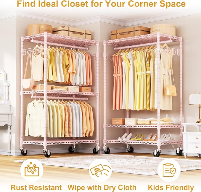 ULIFHOME P1 Rolling Closets with Wheels and Shelves, Portable Closet Wardrobe for Clothes Hanging, Pink Clothing Storage and 