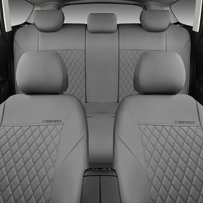 CAR PASS Quilting Faux Leather Seat Covers Full Set, Waterproof Deluxe PU Premium Auto Seat Cover, Breathable Seat Covers Uni