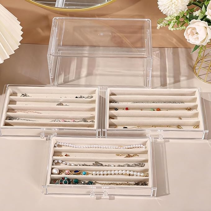 CLUQMEIK Necklace Organizer Box with Clear Lid, Dustproof Velvet Jewelry Holder Storage Display Case, Stackable Acrylic Neckl