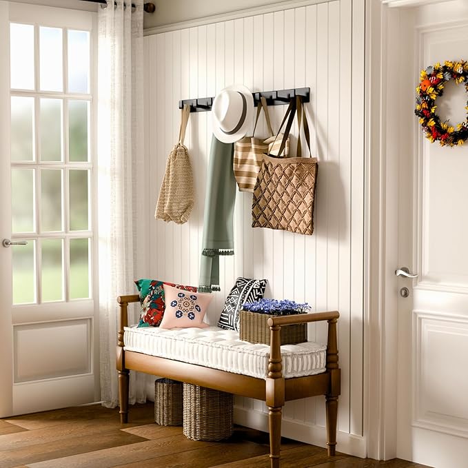 GWAAZXGZ Black Wall Mounted Coat Rack- 2 Modular Rails (25'' Total), 8 Right-Angle Hooks, Modern Organizer for Entryway, Bath