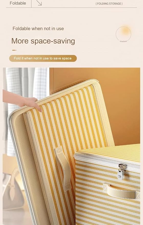 Foldable Storage Containers, Beige Striped Fabric Boxes with Lids, Stackable Closet Organizer Bins for Bedroom, Clothing Stor