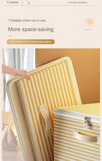 Foldable Storage Containers, Beige Striped Fabric Boxes with Lids, Stackable Closet Organizer Bins for Bedroom, Clothing Stor