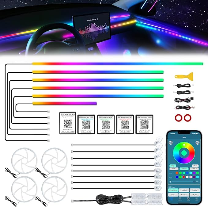 Dreamcolor Acrylic Interior Car LED Strip Light with Wireless APP, RGB 22 in 1 with 175 inches 612 LEDs Fiber Optic Strip Lights for Car, Dual Zone Symphony Neon Car Ambient Lighting
