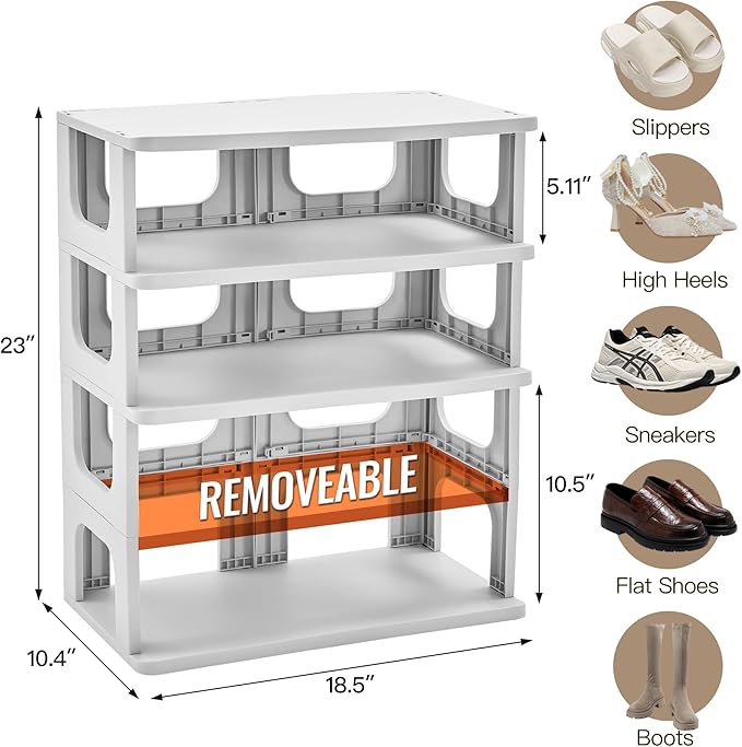 TRZZ 5-Tier Small Shoe Rack, Vertical Narrow Stackable Organizer with Removable Partition, Efficient Shoe Storage for Closet,