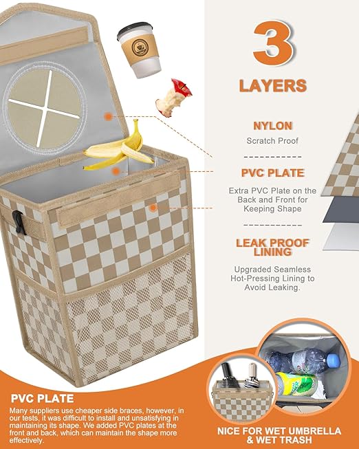 Car Trash Can with Lid, Cute Leakproof Car Trash Garbage Bag Hanging Vehicle Trash Bin Small Portable Automotive Garbage Cans Organizer for Back/Front Seat(Trapezoid,Khaki Checkered)