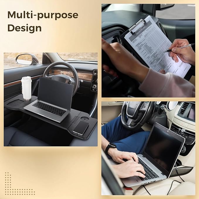 Foldable Car Laptop Desk - Steering Wheel Mounted Tray Table with Cup Holders, Compatible with Most Cars/SUVs, Ideal for Travel, Camping, Mobile Office