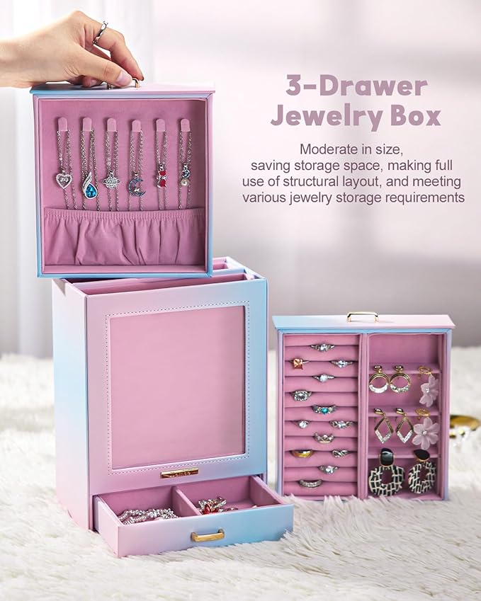 Homde Jewelry Organizer Girls Women Jewelry Box for Necklaces Rings Earrings Gift Bracelets Storage Case (Blue - Pink Gradien