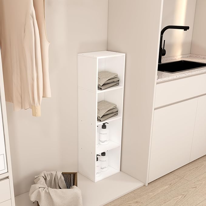 4 Cube Storage Organizer,Wooden 4-Tier Open Shelf Bookshelf,Versatile Storage Cubes for Living Room，Bedroom,Home Office,(Whit