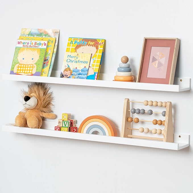 Picture Ledge Shelf for Wall, 36 inch Solid Pine Wood Nursery Book Shelves 2 Packs, Floating Ledge Shelves for Kids' Room Bed