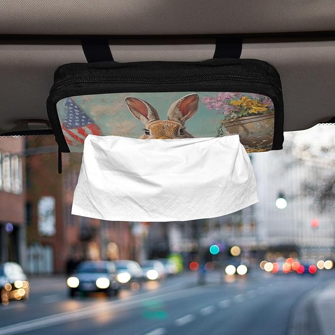 Car Tissue Holder Car Visor Organizer Tissue Box Holder for Car Sun Visor Organizer with Car Vehicle Accessories Essentials Interior for Women Men Bunny Easter Egg American Flag