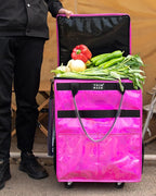 Reusable Grocery Bag On Wheels (Medium, Glitter Pink), Shopping Trolley, Rolling Tote with 8 Pockets and Zipper Cover, Foldable, Heavy Duty Handles, Carries Up to 66 LBS