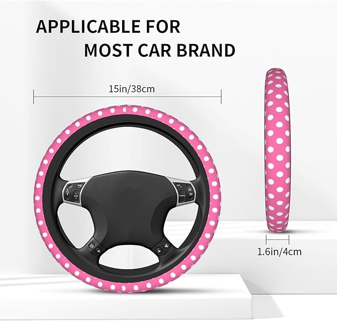 Cute Pink White Polka Dot Steering Wheel Cover for Women, Universal Fit 14-15 inch,Automotive Interior Accessories Decorative