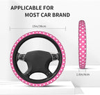 Cute Pink White Polka Dot Steering Wheel Cover for Women, Universal Fit 14-15 inch,Automotive Interior Accessories Decorative