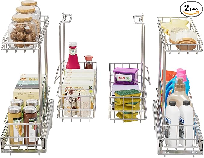 2 Tier Under Sink Organizer 11" W X18 D, Pull Out Cabinet Organizer One Removable Basket, Under Sink Slide Out Chrome Plated,