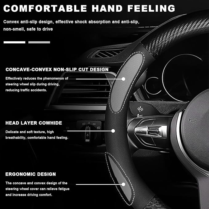 Car Breathable Steering Wheel Cover, Carbon Fiber Wear-Resistant D Shape Steering Wheel Protector for Comfy Grip, Universal N