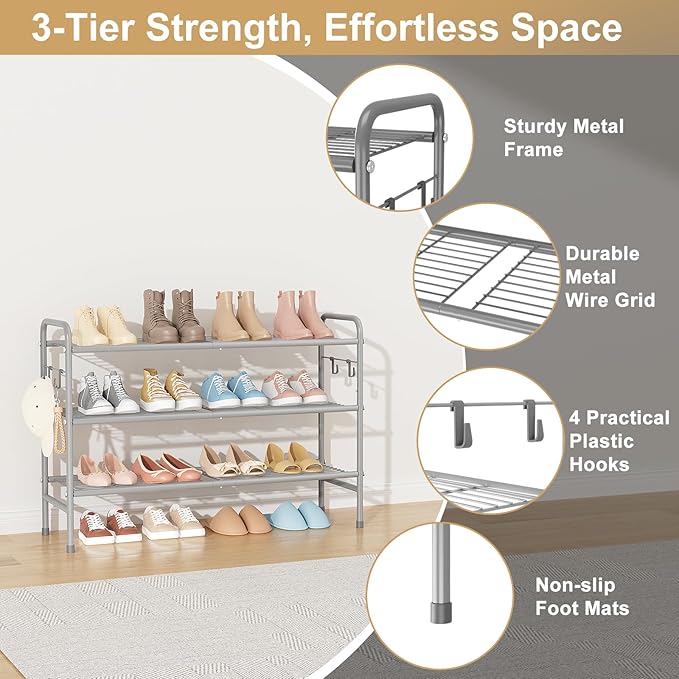VILICK 3 Tier Shoe Rack 33" Wide Metal Shoe Organizer Long Shoe Storage with 4 Side Hooks Sturdy Shoes Shelf for Front Door E