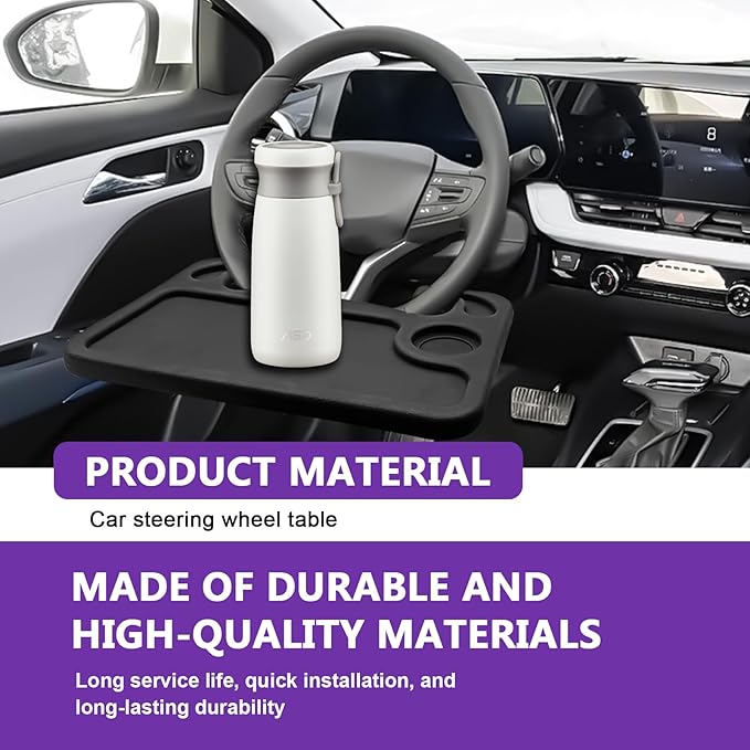 Car Steering Wheel Desk Tray for Laptop and Eating 2 in 1 Multipurpose Travel Accessory with Drink and Pen Holder Compatible with Most Vehicles