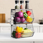 Mefirt Fruit Bowl, Stackable Wall Mounted Fruit Basket of Smooth Wood Lid with 4 Banana Hanger Hooks, Metal Kitchen Counter O