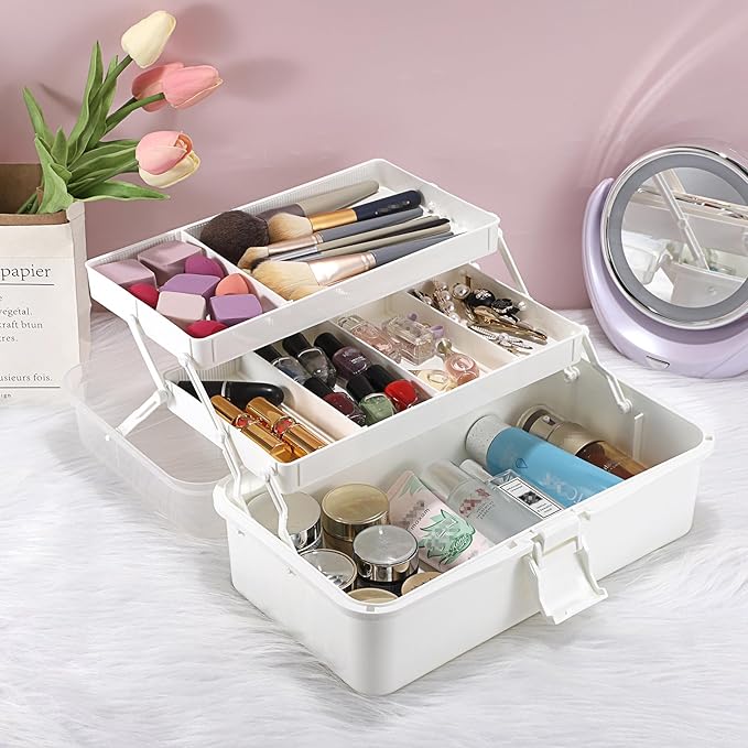BTSKY 3-Layer Plastic Dividing Storage Box Craft Organizer with Adjustable Spacers Portable Handled Art Supply Organizer Mult