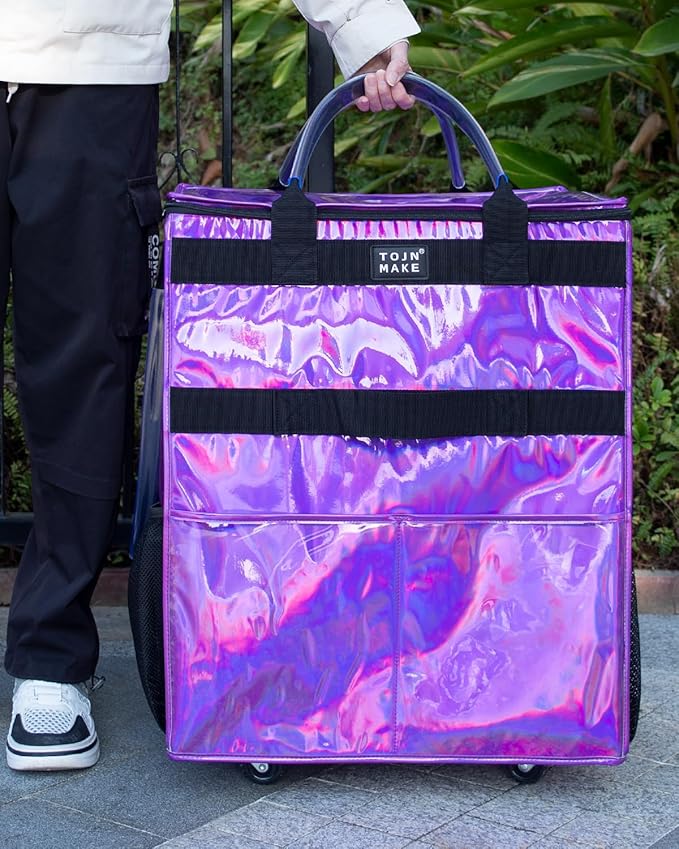 Reusable Grocery Bag with Wheels (Large, Glitter Purple), Rolling Shopping Bag with 8 Pockets and Zipper Cover Foldable Rolling Tote for Women, Travel, Garden, Carries Up to 76LBS