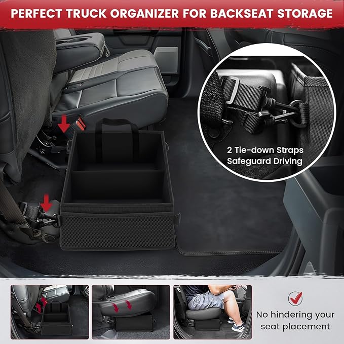 Under Seat Truck Organizer Storage Box with Removable Divider & 4 Storage Mesh Bag,Collapsible Trunk Organizer for Car, SUV,