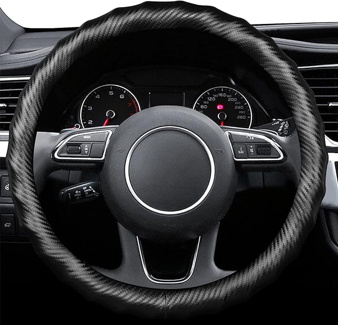 Ergocar Carbon Fiber Material Steering Wheel Cover Anti-Slip Breathable Sweat Absorbent Fashionable Sport Steering Wheel Sleeve for The Round Shape 15"（37.5-38cm）-Black Ripple