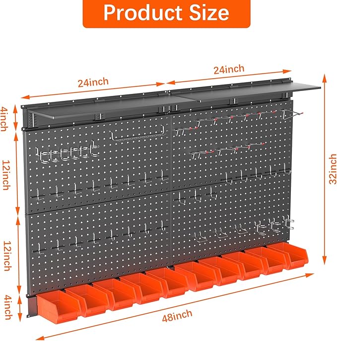 TORACK Metal Pegboard with Peg Board Hooks, Tools Storage Pegboard with Pegboard Hooks, Wall Mounted Storage Bins, Shelves, T