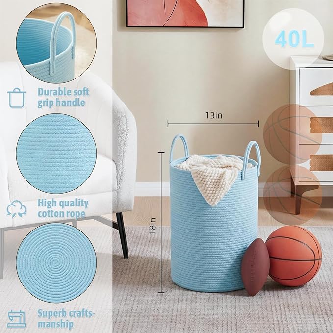 Laundry Basket,Woven Cotton Rope Laundry Hamper,40L for Decor Storage of Dirty Clothes,Toys and Blankets in Bathroom,Baby Roo