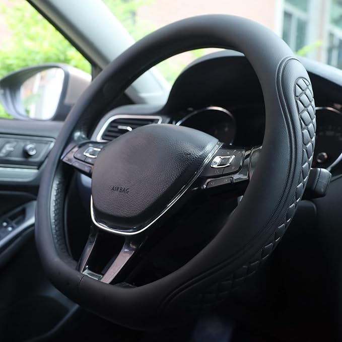 Leather Steering Wheel Cover Compatible with Volkswagen VW Tiguan Atlas ID.4 Taos Golf Passat Jetta Polo Beetle Touareg Cross