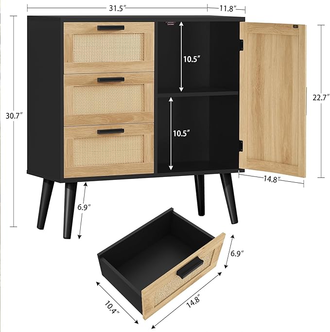 Iwell Storage Cabinet with Rattan Door & 3 Drawers, Rattan Cabinet with Adjustable Shelf, Sideboard Buffet Cabinets with Stor