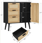 Iwell Storage Cabinet with Rattan Door & 3 Drawers, Rattan Cabinet with Adjustable Shelf, Sideboard Buffet Cabinets with Stor