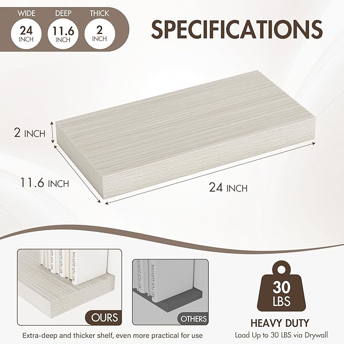 24 Inch Floating Shelves, 12" Deep Floating Shelf Wall Mounted, 24" Wall Shelves, Rustic Deep Bookshelf, Extra Deeper & Thick