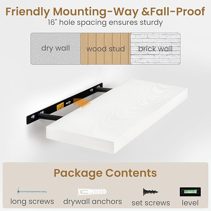 Fun Memories 40 Inch Floating Shelves in White, 9.3 Inch Deep Floating Shelf for Bathroom Living Room Kitchen, Rusitc Wall Mo
