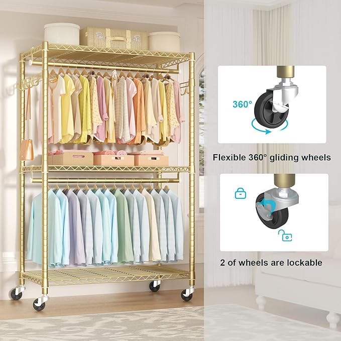 FUTASSI P1 Plus Rolling Clothes Rack, 22mm Diameter Heavy Duty Garment Rack with Wheels, Portable Closets with Shelves and Ha