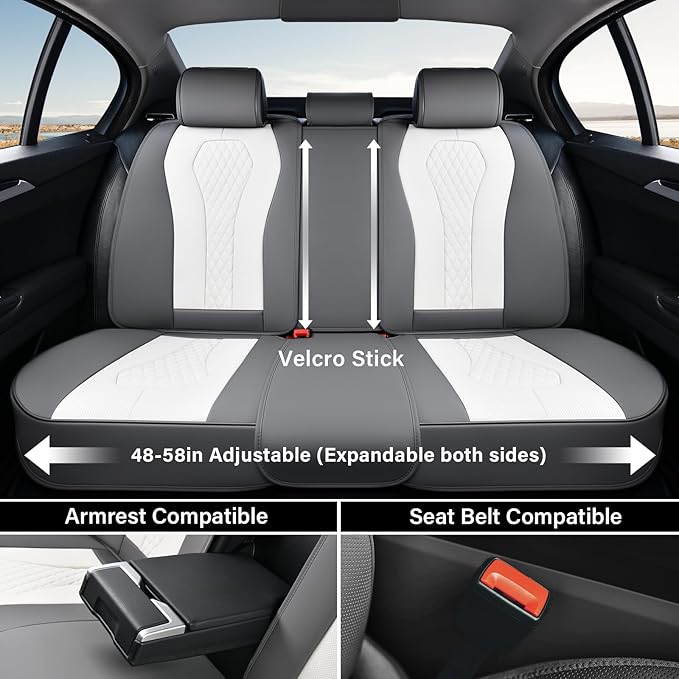 Coverado Rear Seat Covers, White Car Seat Cover, Back Seat Cover, 3-Pieces Luxury Car Seat Cushion, Leather Seat Cover Seat P