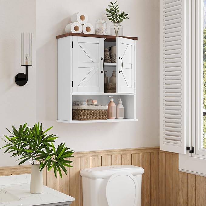 Bathroom Wall Cabinet with Barn Doors, Wall Mounted Bathroom Cabinet, Farmhouse Style, Adjustable Shelf, Wall Mounted Medicin