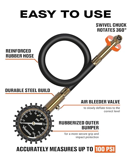 Vondior Tire Pressure Gauge (0-100 PSI) - Certified ANSI B40.1 Tire Gauge for Cars and Trucks, Large 2" Glow Dial Easy-Read Tire Gauges for Tire Pressure Car Accessories